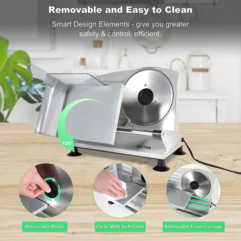 OSTBA Meat Slicer Machine for Home, Electric Deli Food Slicer with Removable 6.7” Stainless Steel Blades, 0-15mm Adjustable Thickness, Easy to Clean, 150W, Ideal for Cold Cuts, Cheese, Bread, Fruit - Image 3